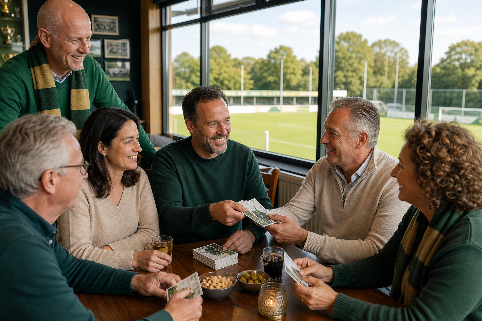 Clubleden bespreken een lot in het clubhuis
