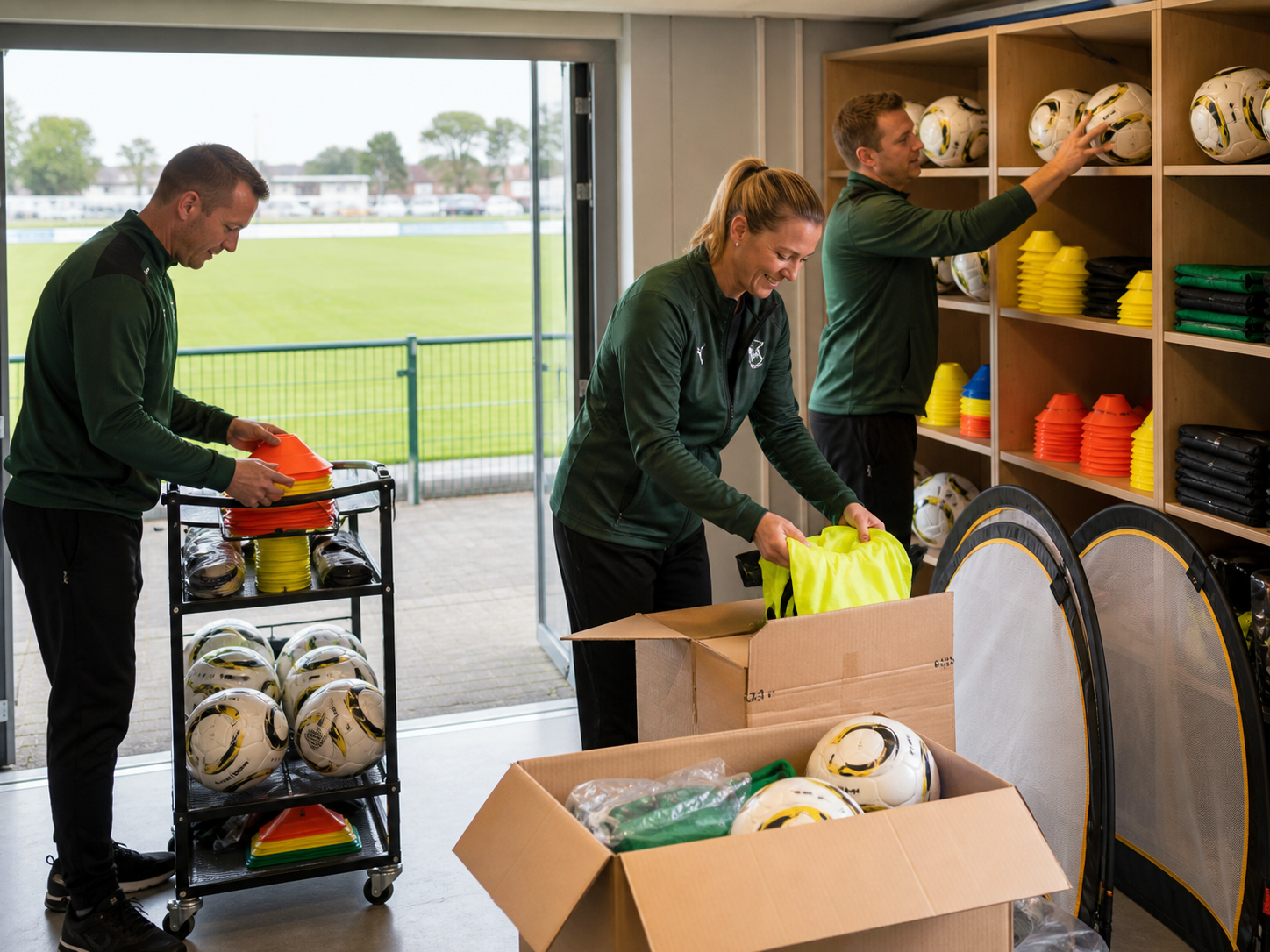 Vrijwilligers organiseren nieuw voetbal- en trainingsmateriaal in het clubhuis